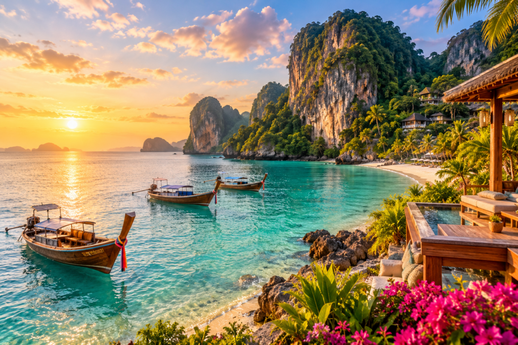 Paysage tropical de Thaïlande avec mer turquoise, falaises verdoyantes et bateaux traditionnels au coucher du soleil.